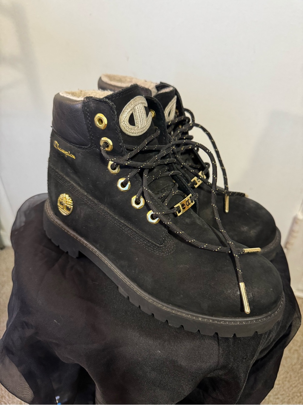 Timberland Black Suede Lace-Up Ankle Boots with Gold Accents